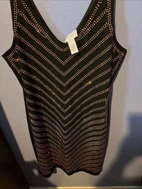 Carmen Marc Valvo Black Mini Dress with Gold Stud Chevron Design